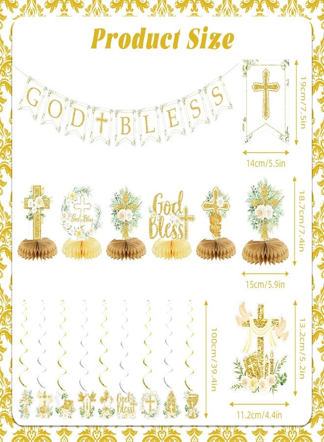 LANGASQUE Gold Baptism Decorations, Glitter God Bless Banner Hanging Swirls Honeycomb Centerpieces for Baby Shower Birthday First Communion, Baptism Party Supplies - Image 4